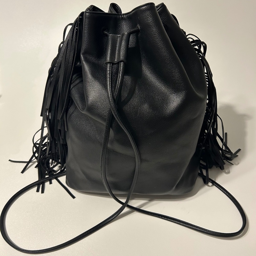 Victorias Secret Purse Black Fringe Backpack Cinch‎ Bag Festival Western Biker - Picture 4 of 6